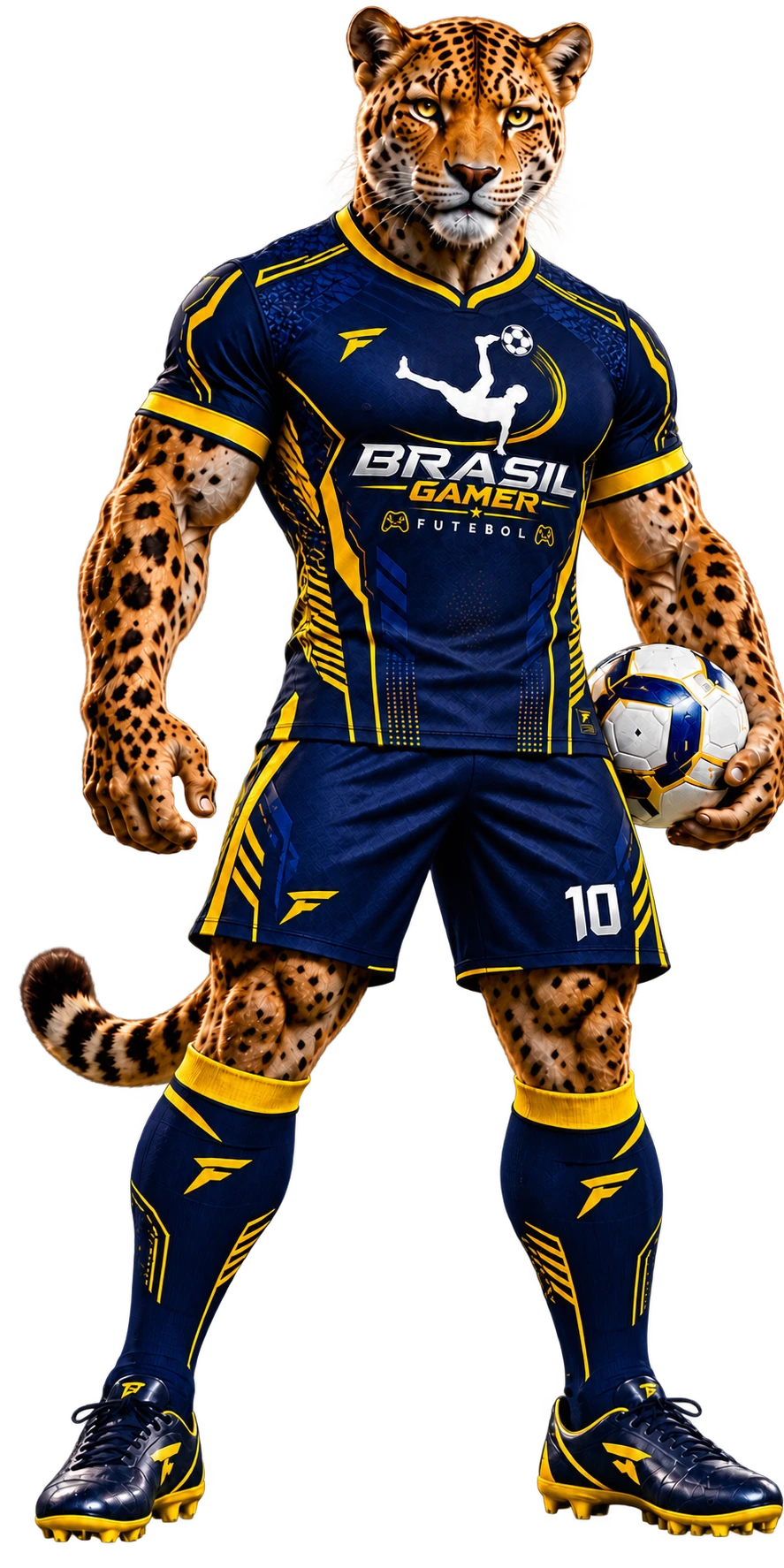 Mascote onça do Brasil Gamer Futebol com uniforme azul e amarelo e bola