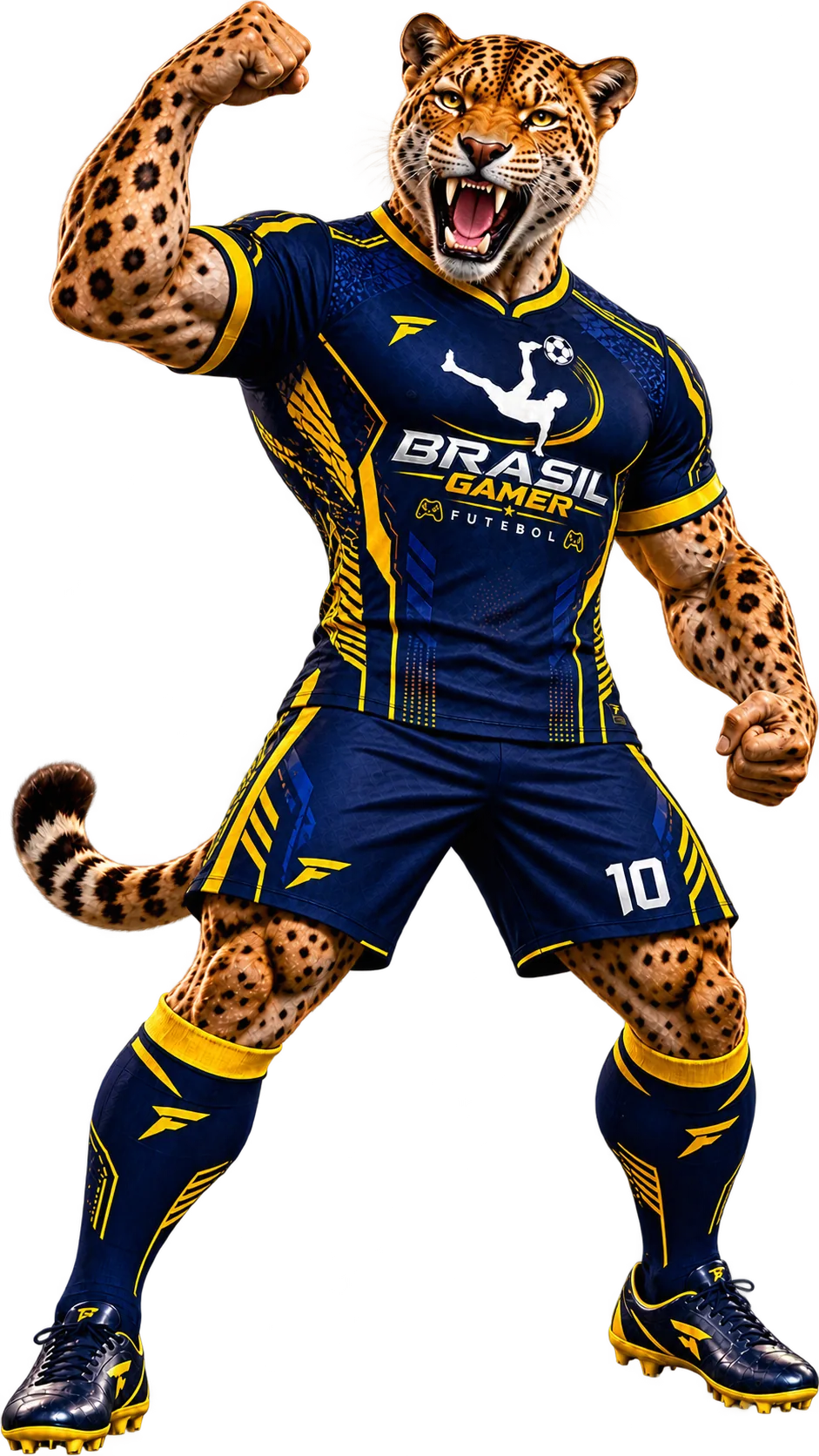 Mascote onça do Brasil Gamer Futebol comemorando com o punho levantado